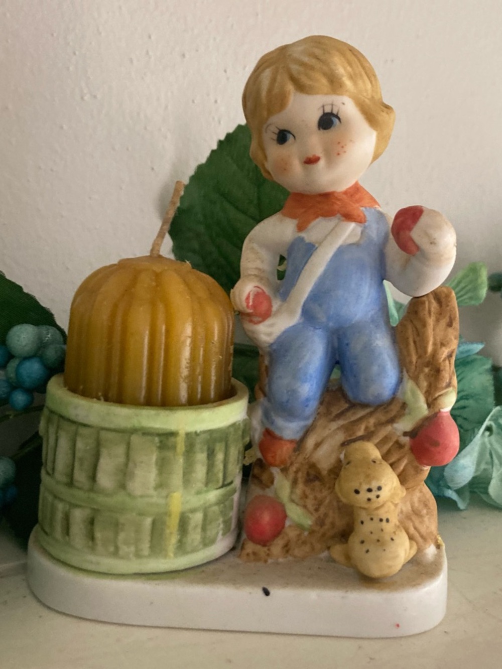 🌸 (2/$20) Vintage Little Luvkins Boy & Dog In Apple Tree Candle Holder